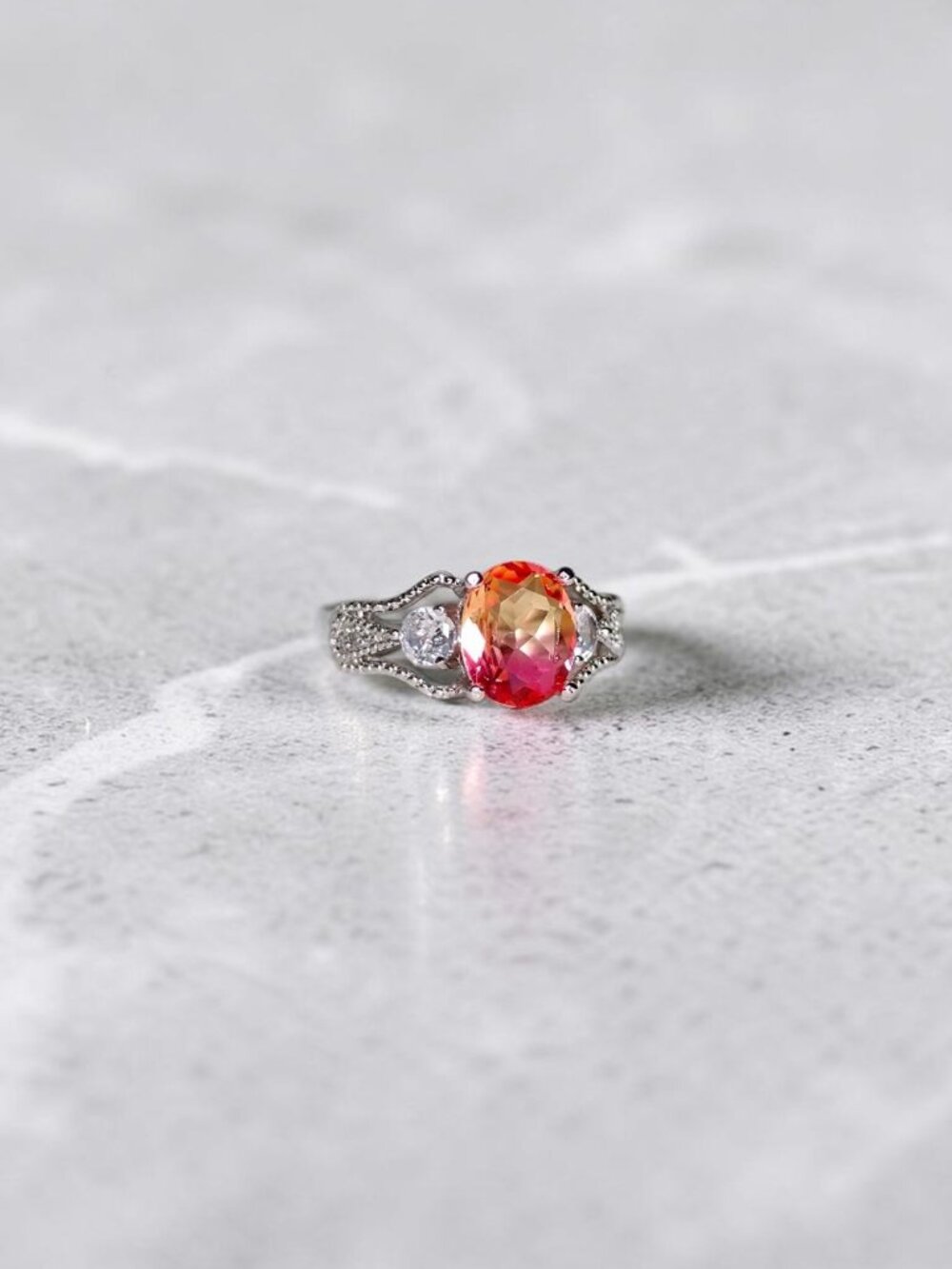 Vintage Style Bicolor Oval CZ 10KT White Gold-Plated Ring Sz 7.25
